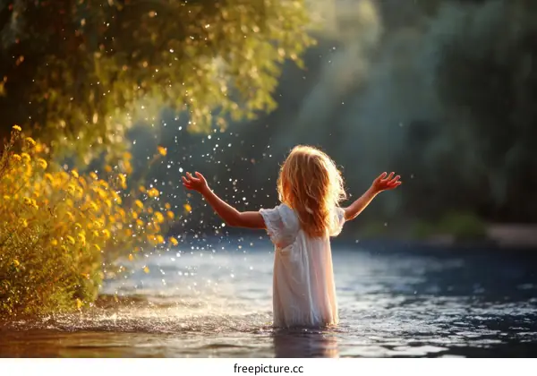 A Little Girl Playing in a River at Sunset