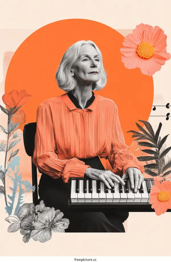 Woman Playing Piano with Floral Collage