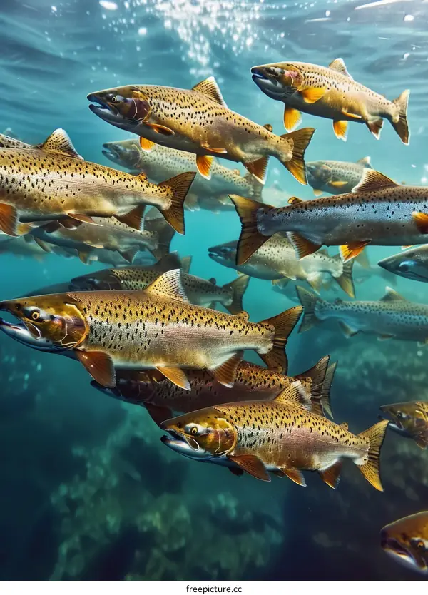 A school of fish swims in the ocean.