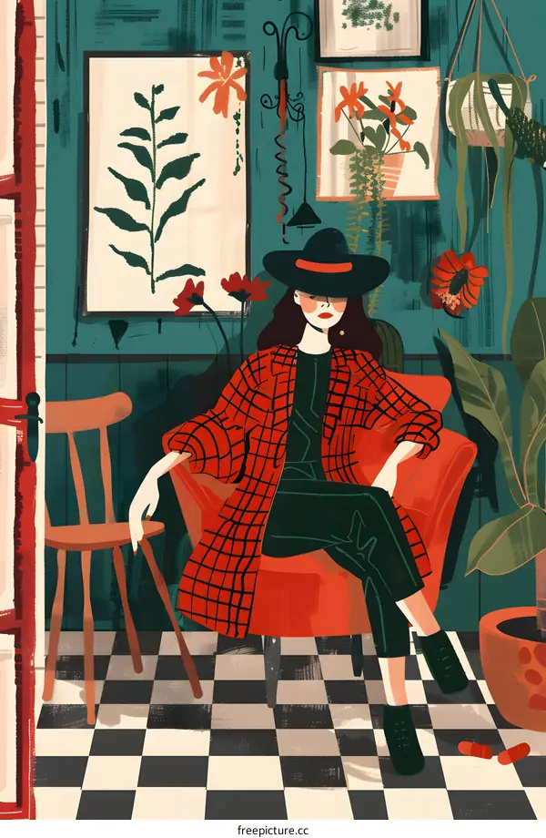 Woman in a Red Plaid Coat Sitting in a Red Chair