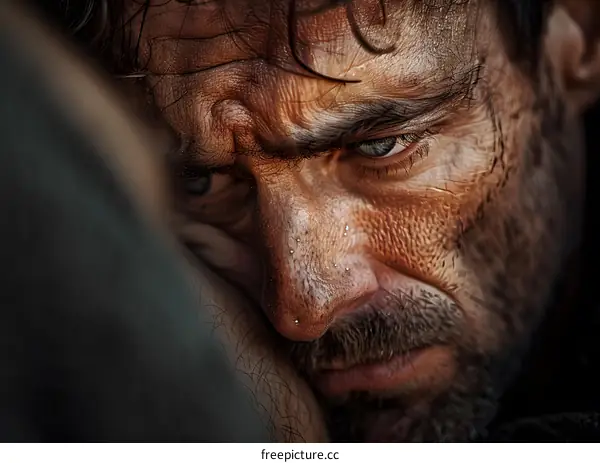 Portrait of a man with dark hair and beard looking down
