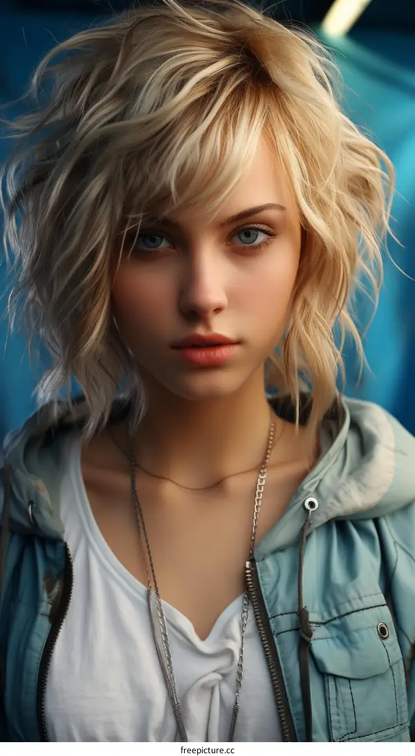 Portrait of a young woman with short blonde hair and blue eyes