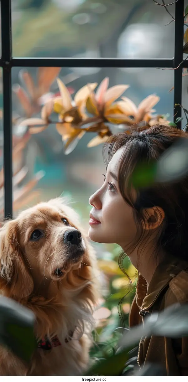 A woman and her golden retriever dog looking out the window