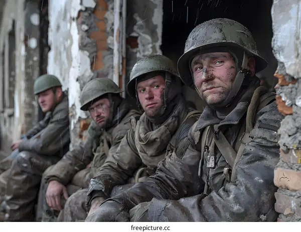 Four soldiers in a destroyed building