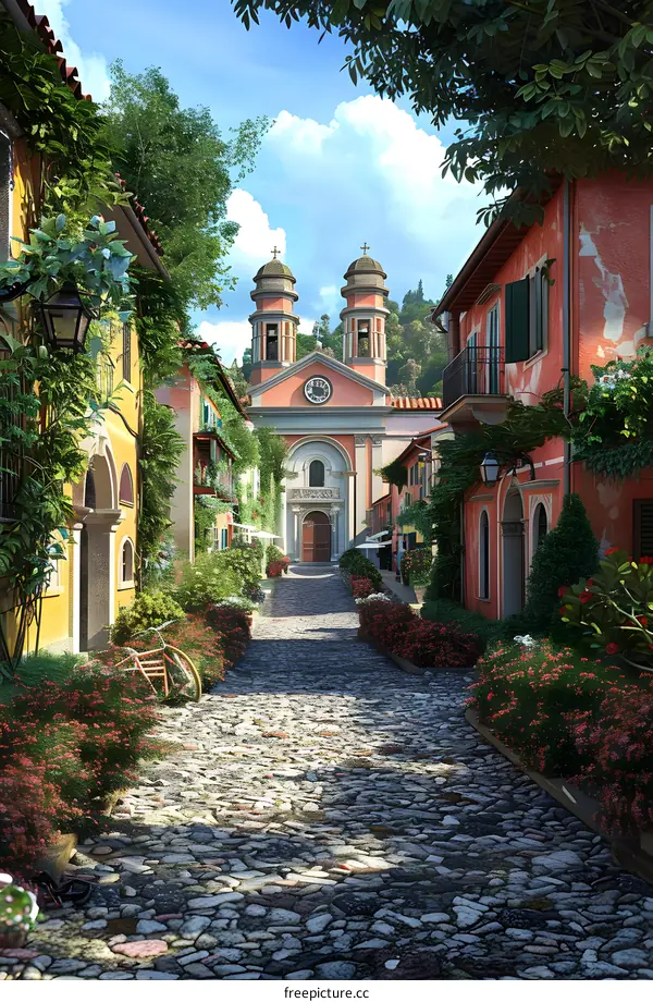 A beautiful European style street with a church at the end of the road