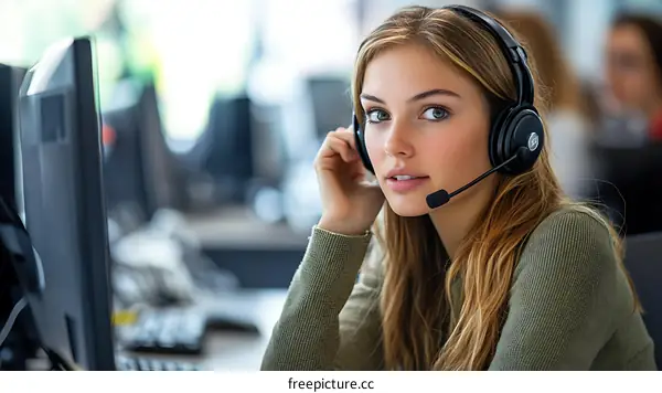 Caucasian Woman Wearing Headphones in Office Setting