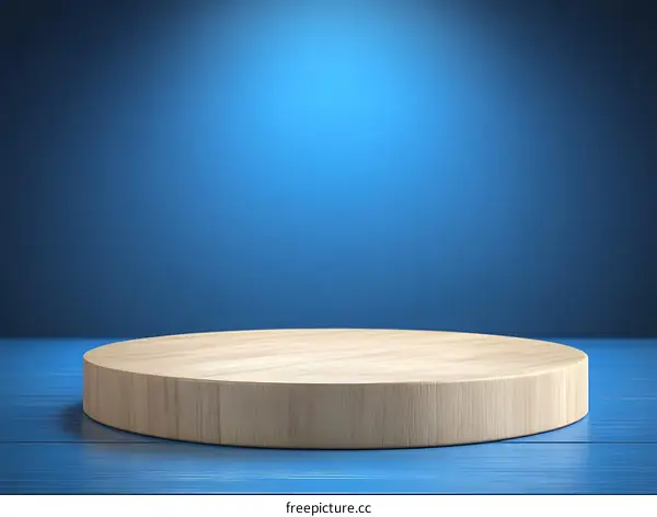 Round Wooden Display Platform on Blue Background