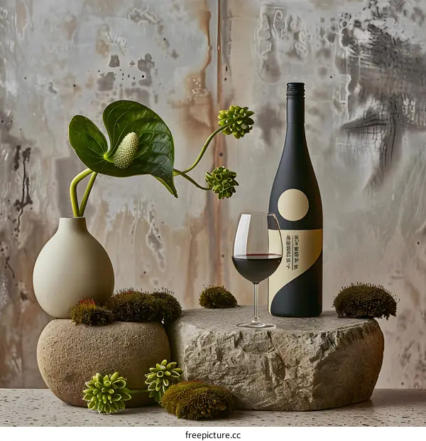 Wine Bottle and Glass on Stone with Flower Arrangement