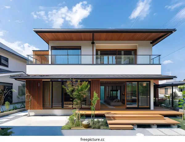 Modern Japanese House Exterior with Wooden Deck and Balcony