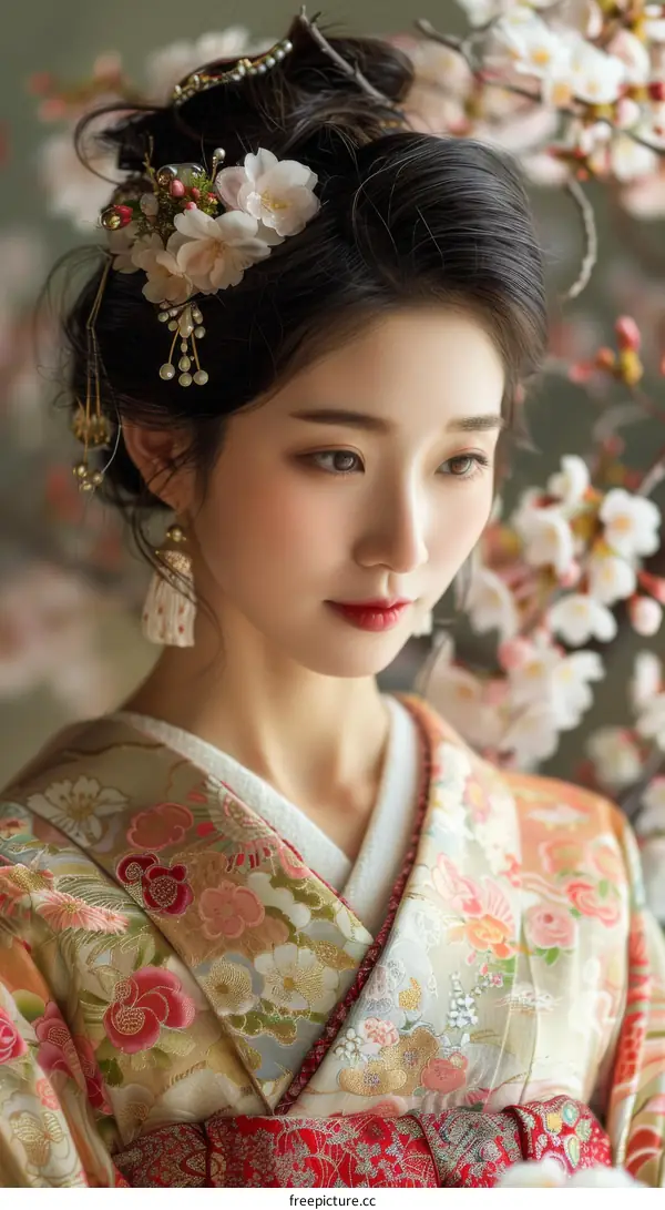 Beautiful Asian Woman Wearing Traditional Japanese Kimono with Cherry Blossoms