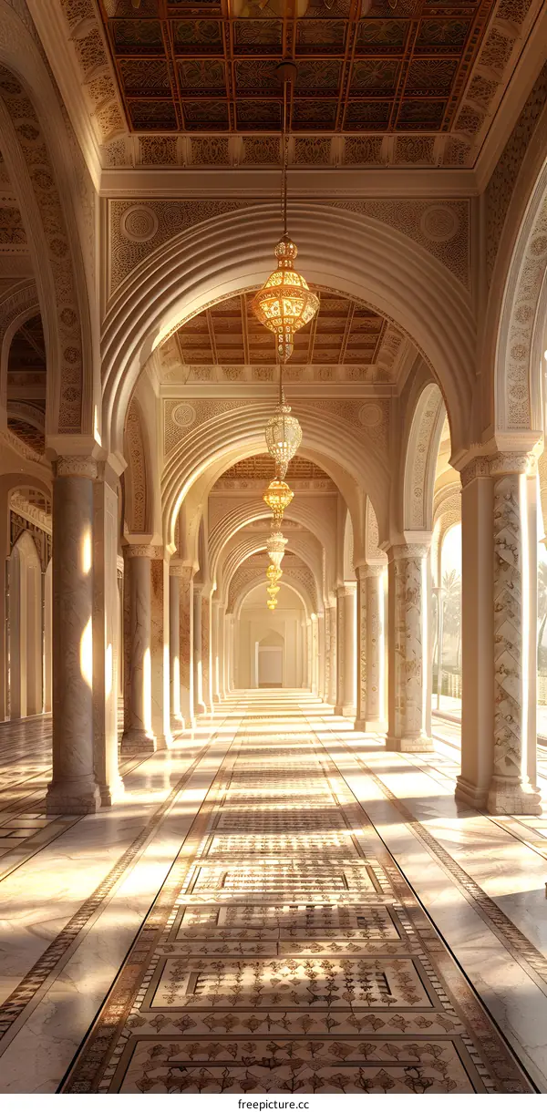 A long hallway with marble floor and arched ceiling