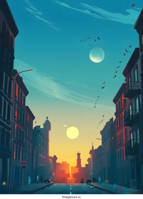 Sunset Over Cityscape With Birds Flying