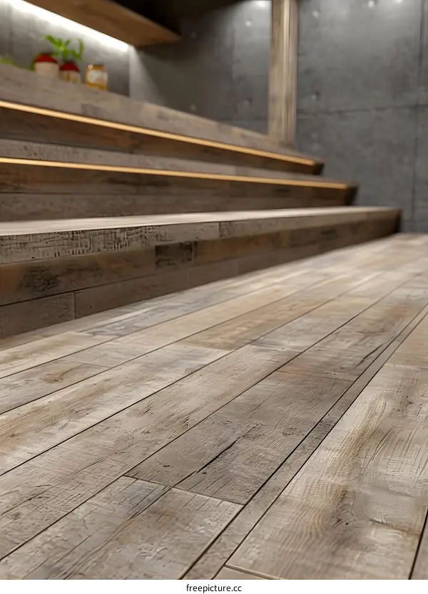 Wooden Staircase with Lights and Grey Wall