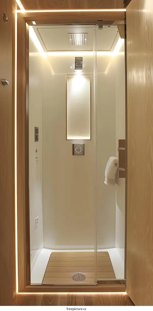 Modern Bathroom with Wooden Accents and Glass Shower Door