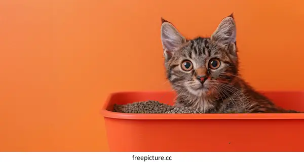A cute tabby kitten sitting in an orange litter box