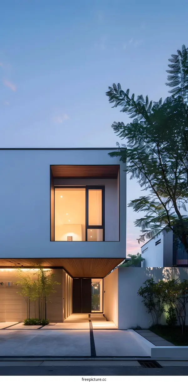 Modern House with Large Window and Wooden Canopy