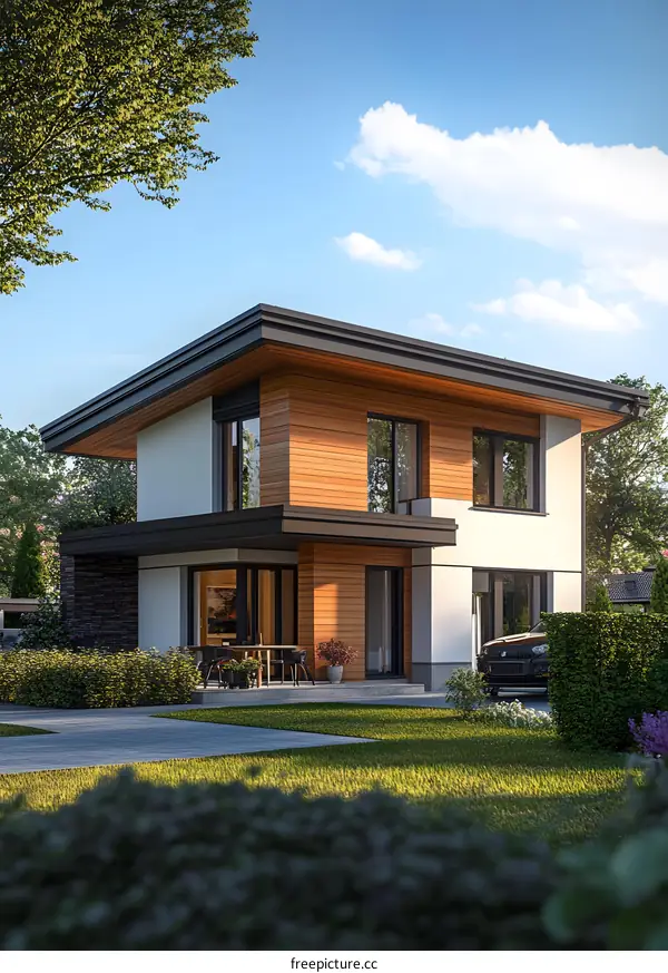 Modern House with Wooden Facade and Large Windows