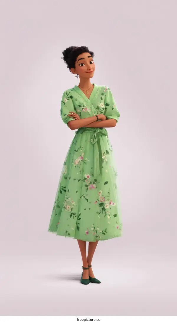 Animated Female Character in a Floral Dress