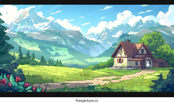 Beautiful Mountain Landscape With House and Trees Illustration