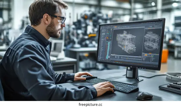 Engineer Working on 3D Design of a Machine Part in a Factory