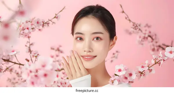Beautiful Asian Woman with Pink Flowers