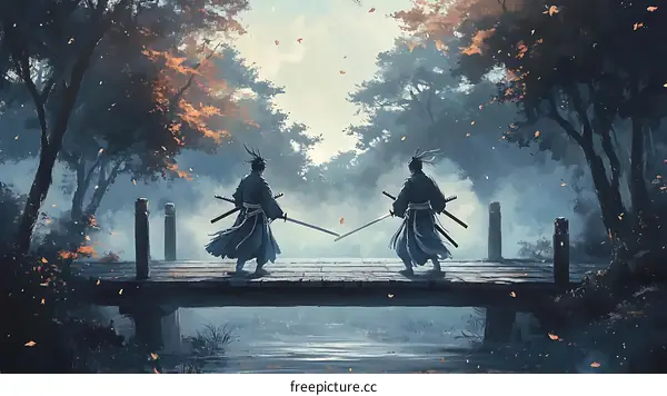 Samurai Duel on a Misty Wooden Bridge