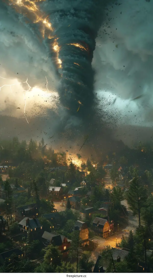 A tornado rips through a small town, destroying buildings and uprooting trees