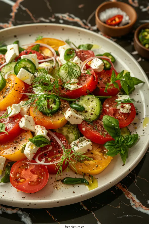 Fresh tomato salad with cucumber, onion, feta cheese and herbs