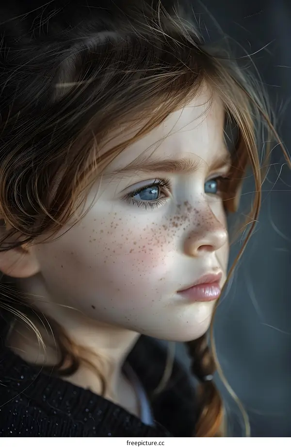 Portrait of a young girl with freckles and blue eyes