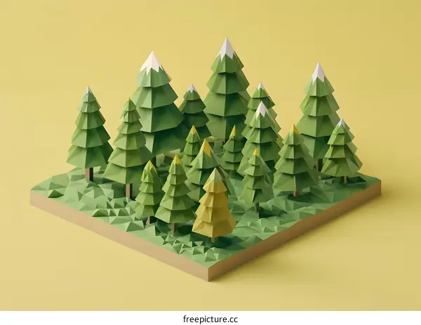 Low Poly Green Forest with Snow on the Mountain Tops