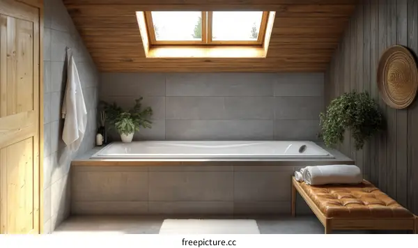 Modern Wooden Bathroom with a Stylish Bathtub