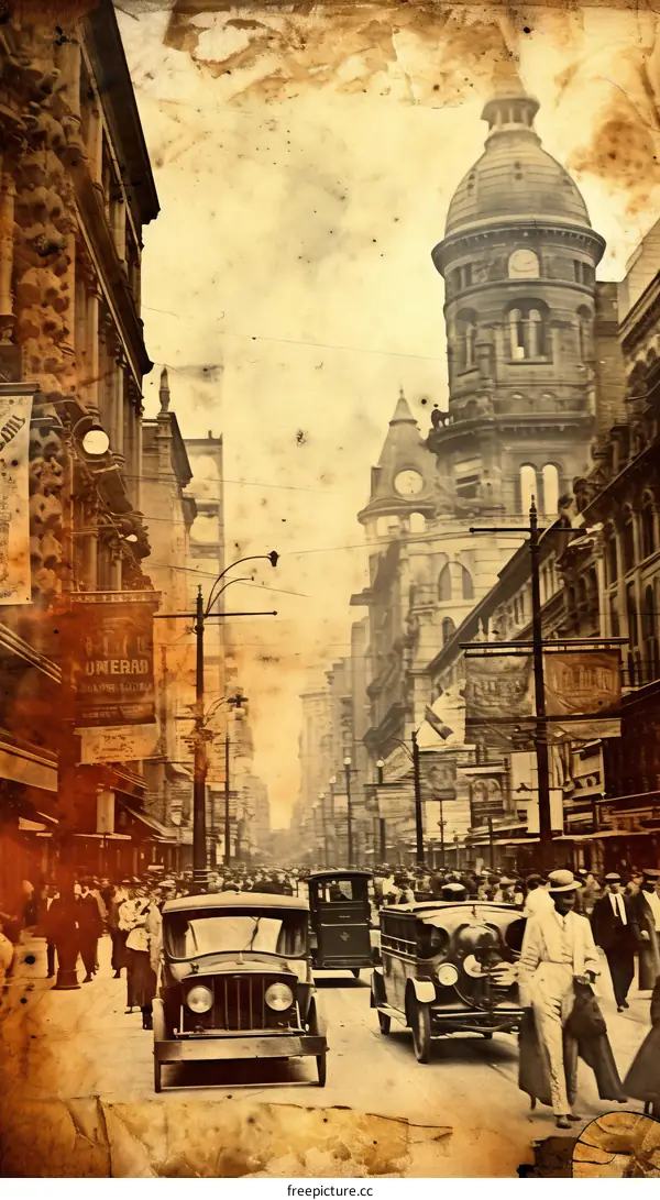 Vintage Sepia Toned City Street Scene: Cars & Pedestrians in the Early 20th Century