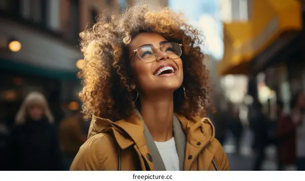 Laughing woman wearing glasses and a brown jacket