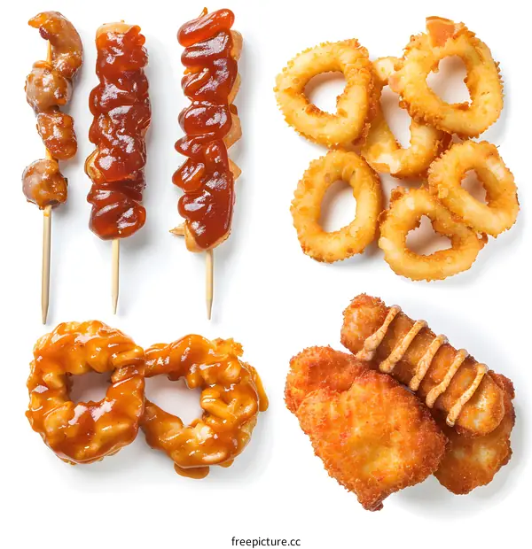 Fried Onion Rings Chicken Nuggets and Skewers with Sauce