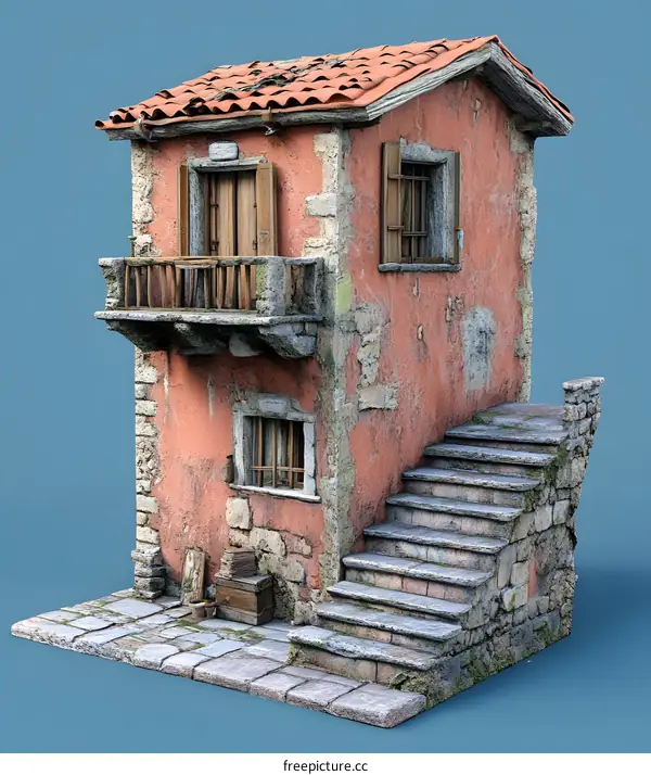 Old Vintage 3D Model of a Stone House with Balcony and Stairs