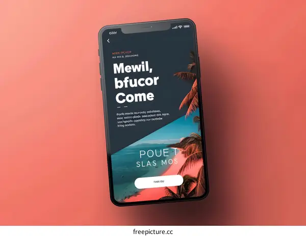 Mobile Phone Screen with Tropical Island Image and Text