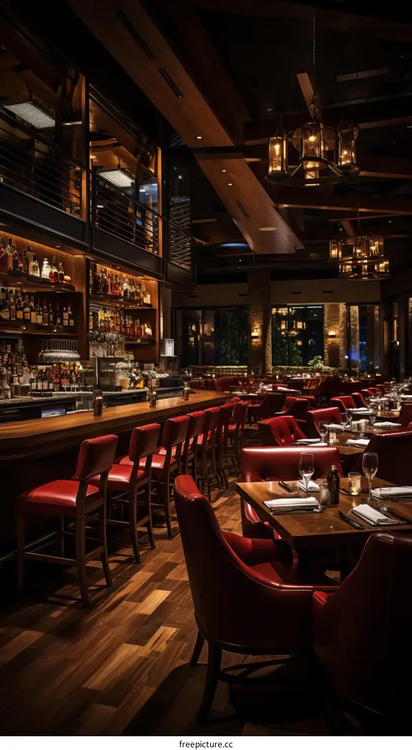 Upscale Restaurant Interior with Red Leather Chairs and Dark Wood