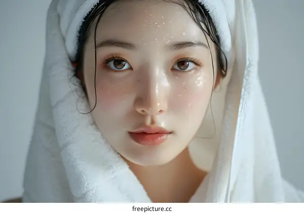 A close-up portrait of a young woman with a wet face and a towel wrapped around her head