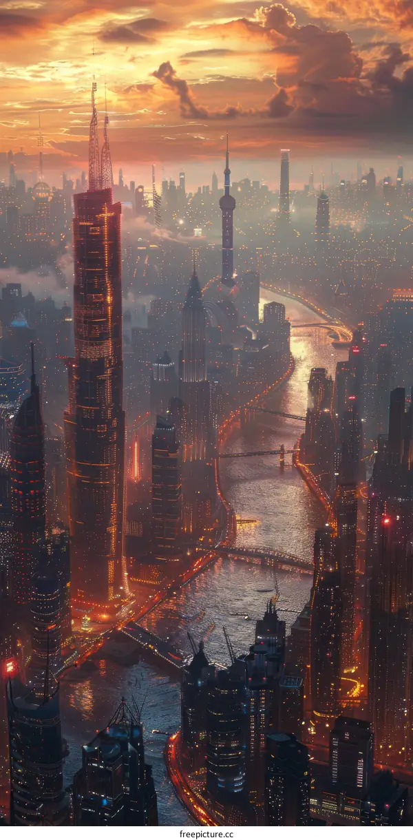 Futuristic City Skyline at Sunset