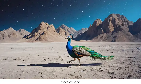Peacock in a Desert Landscape Under a Starry Night