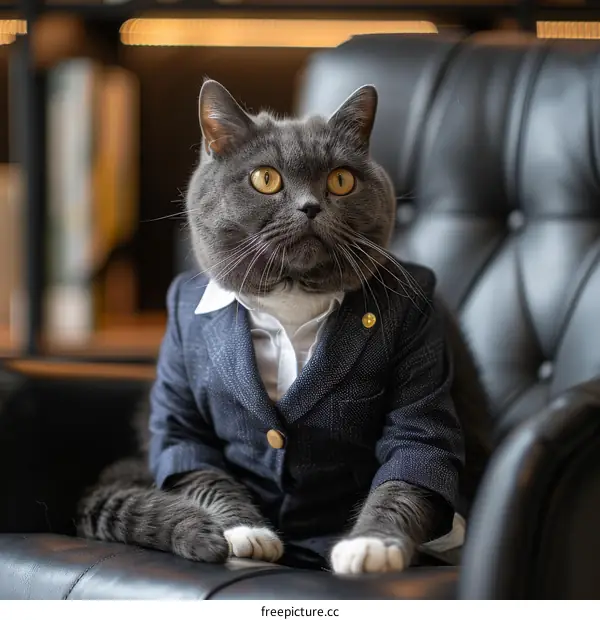 A gray cat wearing a suit is sitting in a leather chair and looking at the camera