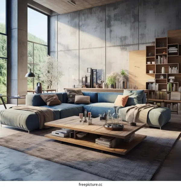 Modern industrial living room interior with large windows and concrete walls