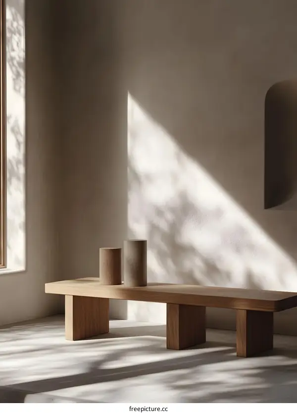 Minimalist Wooden Bench with Natural Light and Shadow