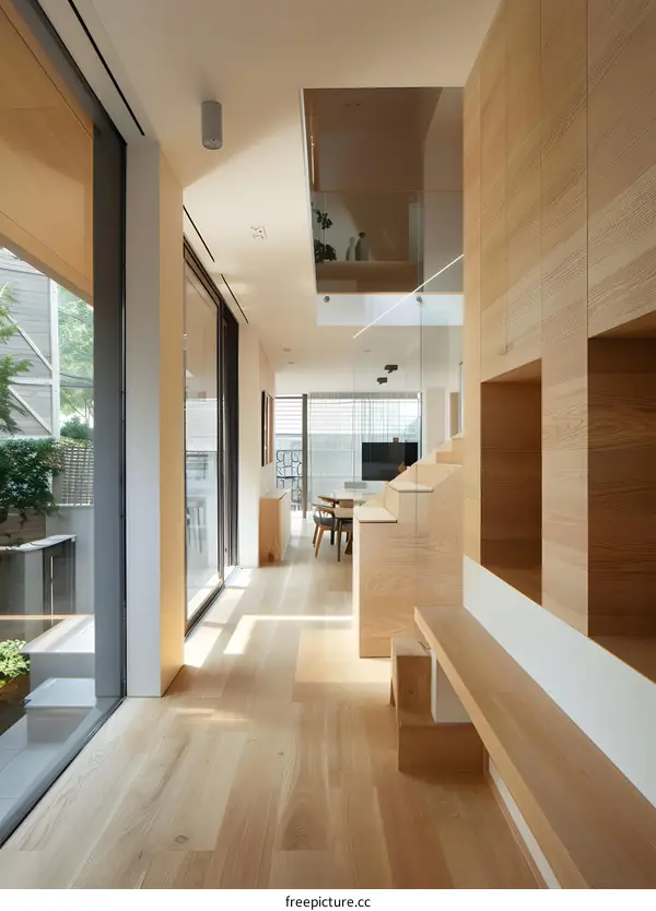 Modern Minimalist Interior Design of a House Featuring Wooden Walls and Floor