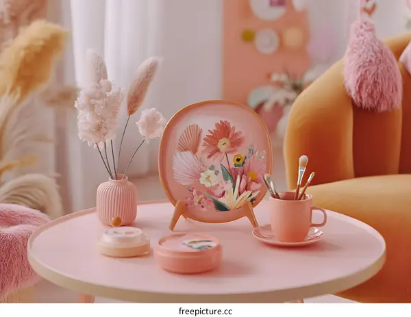 Floral Painting on a Round Plate Decorated with Pink Flowers