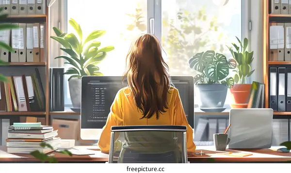 A girl is sitting at a desk, looking at her computer screen. There are many plants, books, and a laptop on her desk.