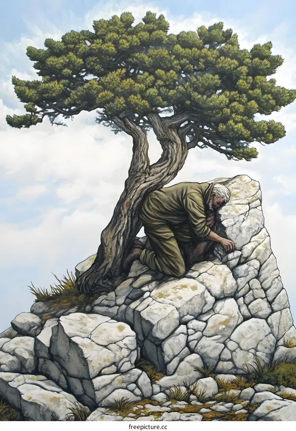 Man Kneeling Under Tree on Rocky Cliff