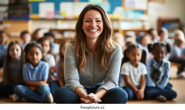 Teacher with diverse students in elementary school classroom