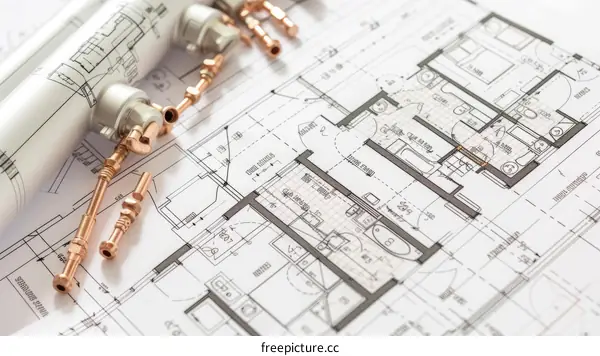 Copper pipes on house plan background