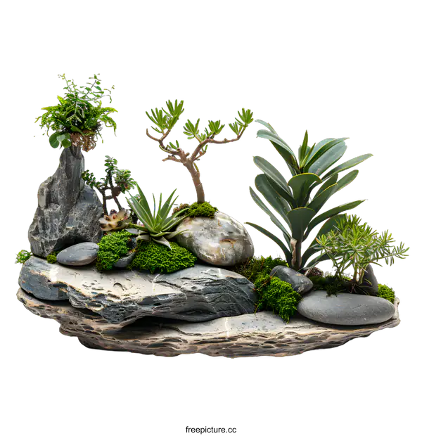 [Transparent Background PNG]Miniature garden with various plants and rocks
